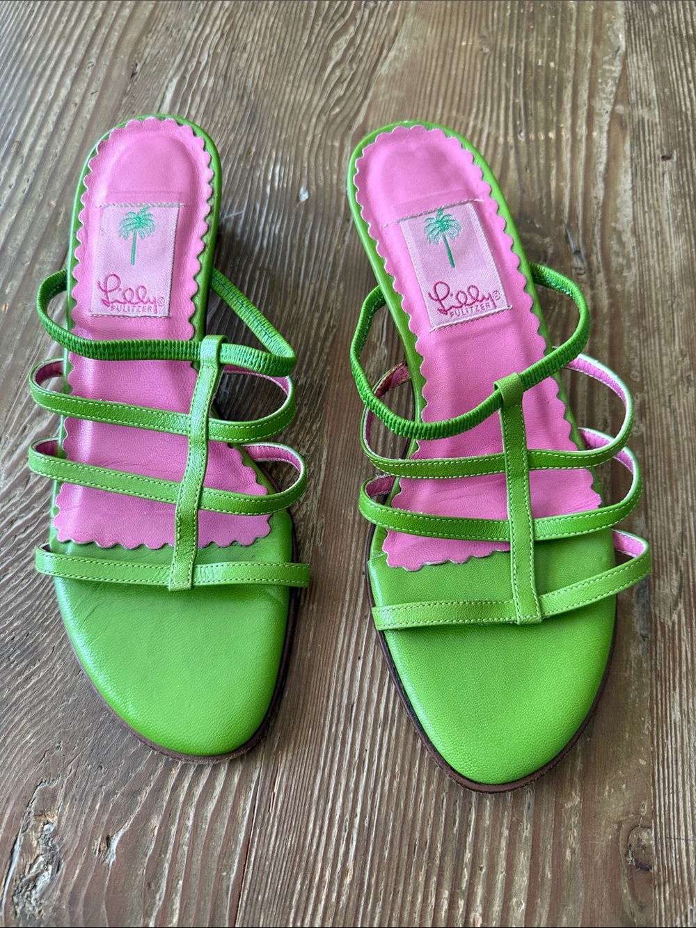 Lilly Pulitzer Neon Green Multi-Strap Slide Sandals with Pink Insole